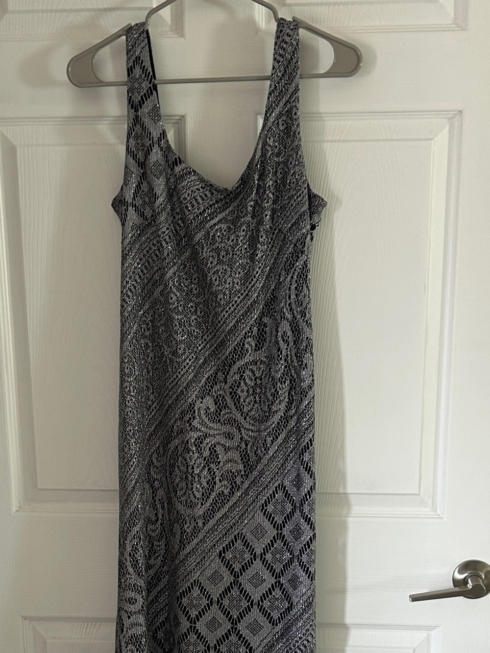 Beautiful SLNY Silver Lace Over Black Lining Evening Dress with Fringe.